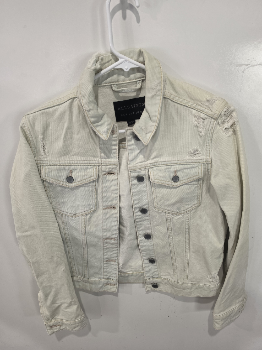 AllSaints Off-White Light Jean Wash Distressed Denim Jacket Size 4 Womans